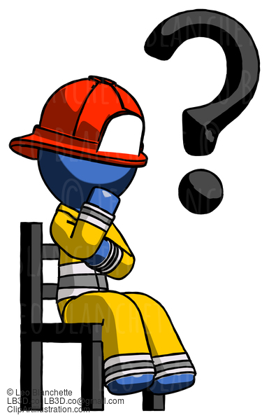 Blue Firefighter Fireman Man Question Mark Concept, Sitting On Chair Thinking #14676