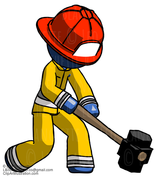 Blue Firefighter Fireman Man Hitting With Sledgehammer, Or Smashing Something At Angle #14679