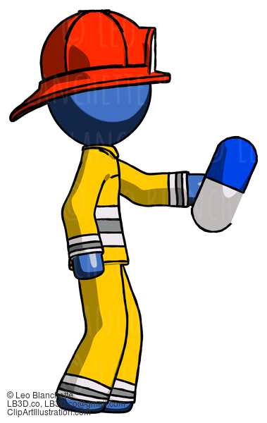 Blue Firefighter Fireman Man Holding Blue Pill Walking To Right #14681