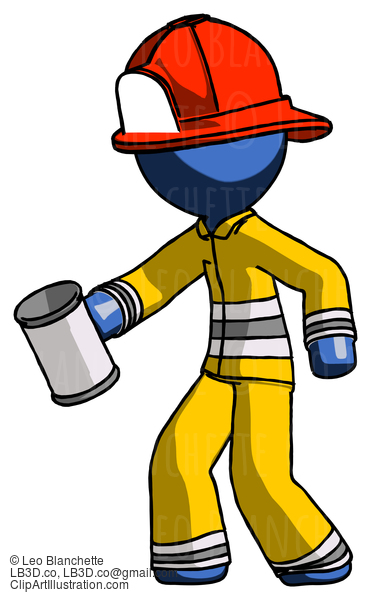 Blue Firefighter Fireman Man Begger Holding Can Begging Or Asking For Charity Facing Left #14683