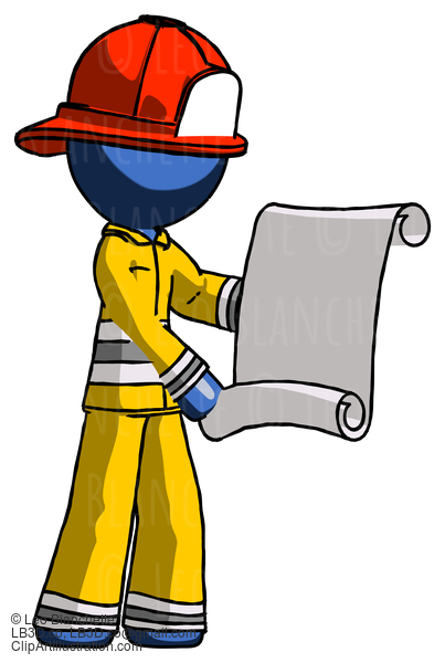 Blue Firefighter Fireman Man Holding Blueprints Or Scroll #14684