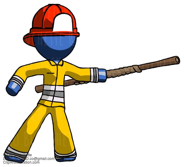 Blue Firefighter Fireman Man Bo Staff Pointing Right Kung Fu Pose #14686