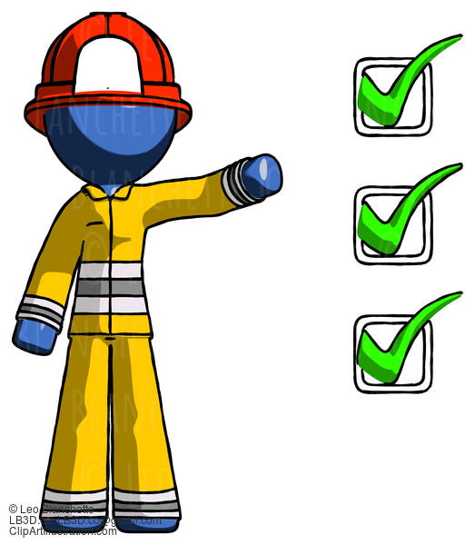 Blue Firefighter Fireman Man Standing By List Of Checkmarks #14689