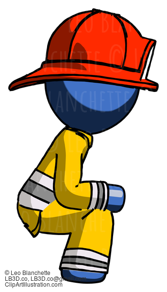 Blue Firefighter Fireman Man Squatting Facing Right #14692