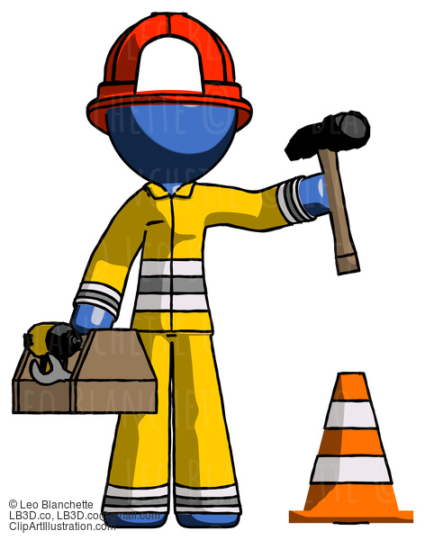 Blue Firefighter Fireman Man Under Construction Concept, Traffic Cone And Tools #14696