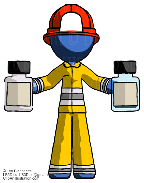 Blue Firefighter Fireman Man Holding Two Medicine Bottles #14700