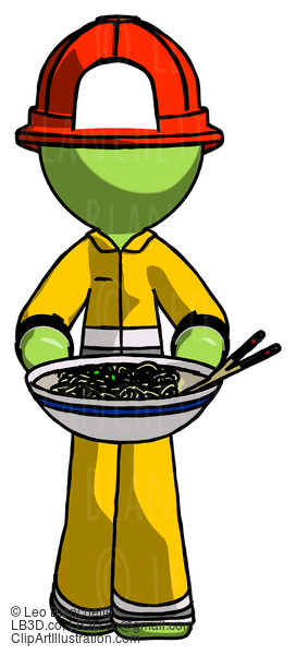 Green Firefighter Fireman Man Serving Or Presenting Noodles #12872