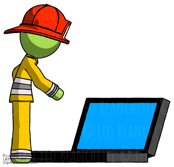 Green Firefighter Fireman Man Using Large Laptop Computer Side Orthographic View #12874