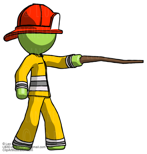 Green Firefighter Fireman Man Pointing With Hiking Stick #12878