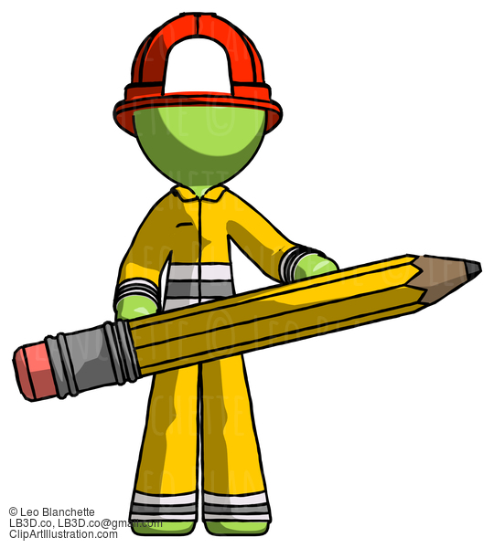 Green Firefighter Fireman Man Writer Or Blogger Holding Large Pencil #12881