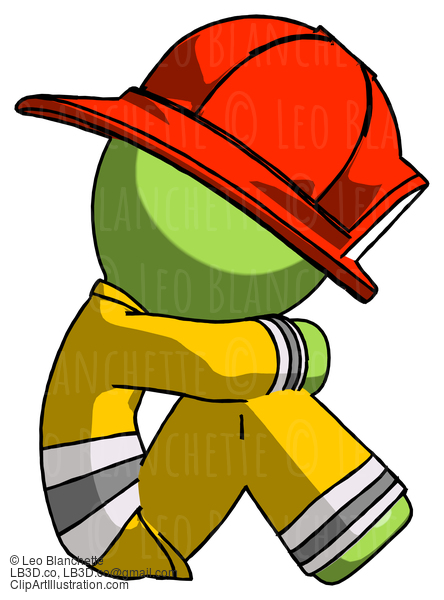 Green Firefighter Fireman Man Sitting With Head Down Facing Sideways Right #12883