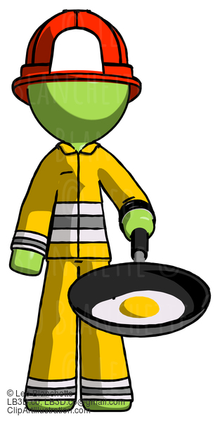 Green Firefighter Fireman Man Frying Egg In Pan Or Wok #12885