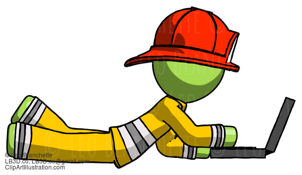 Green Firefighter Fireman Man Using Laptop Computer While Lying On Floor Side View #12887