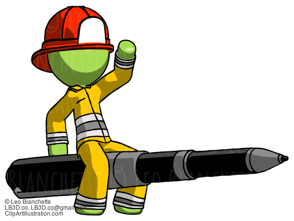 Green Firefighter Fireman Man Riding A Pen Like A Giant Rocket #12888