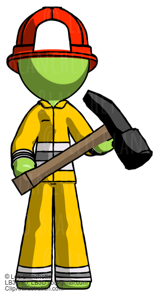 Green Firefighter Fireman Man Holding Hammer Ready To Work #12890