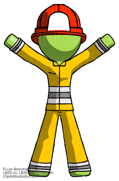 Green Firefighter Fireman Man Surprise Pose, Arms And Legs Out #12891