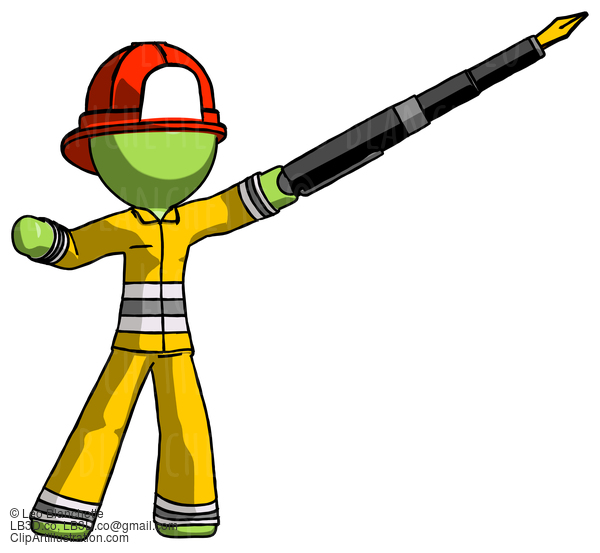 Green Firefighter Fireman Man Pen Is Mightier Than The Sword Calligraphy Pose #12894