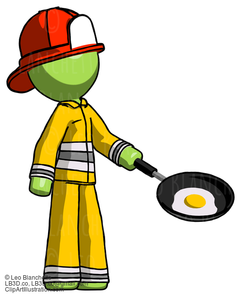 Green Firefighter Fireman Man Frying Egg In Pan Or Wok Facing Right #12895