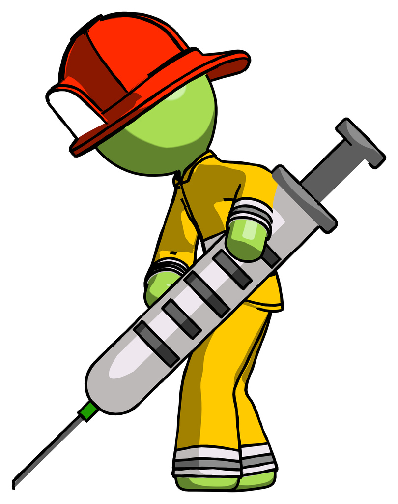 Green Firefighter Fireman Man Using Syringe Giving Injection