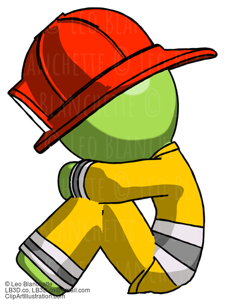 Green Firefighter Fireman Man Sitting With Head Down Facing Sideways Left #12897