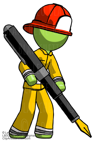 Green Firefighter Fireman Man Drawing Or Writing With Large Calligraphy Pen #12901