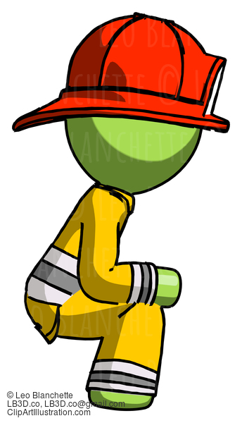 Green Firefighter Fireman Man Squatting Facing Right #12905