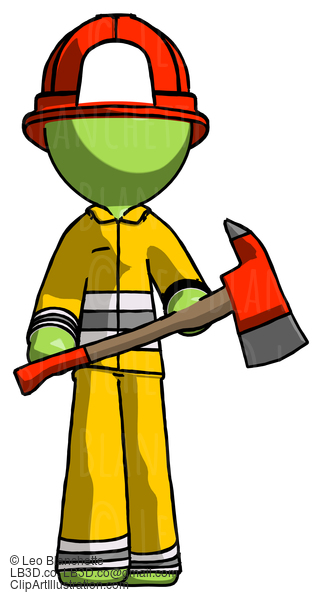 Green Firefighter Fireman Man Holding Red Fire Fighter’S Ax #12906