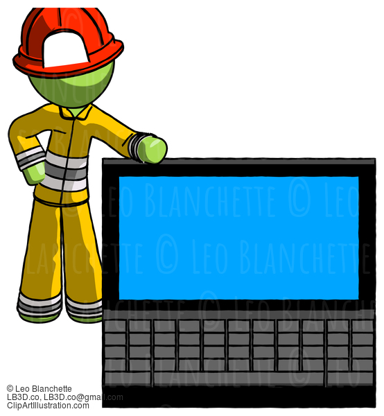 Green Firefighter Fireman Man Beside Large Laptop Computer, Leaning Against It #12908