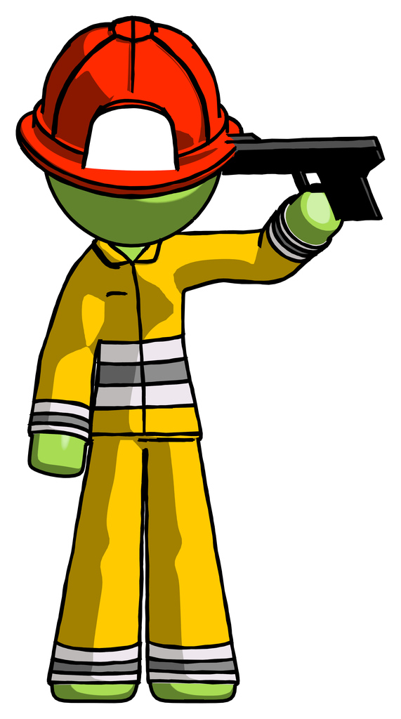 Green Firefighter Fireman Man suicide gun pose