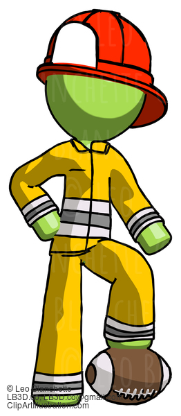 Green Firefighter Fireman Man Standing With Foot On Football #12910