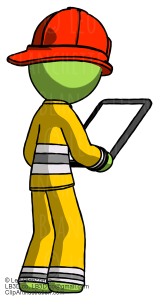 Green Firefighter Fireman Man Looking At Tablet Device Computer Facing Away #12911