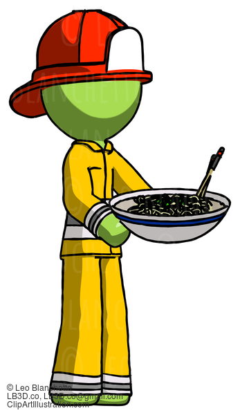 Green Firefighter Fireman Man Holding Noodles Offering To Viewer #12912