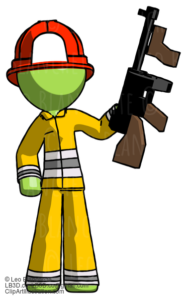 Green Firefighter Fireman Man Holding Tommygun #12913