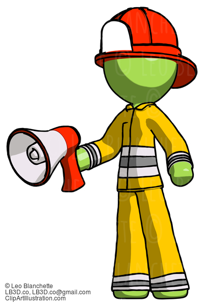 Green Firefighter Fireman Man Holding Megaphone Bullhorn Facing Right #12915