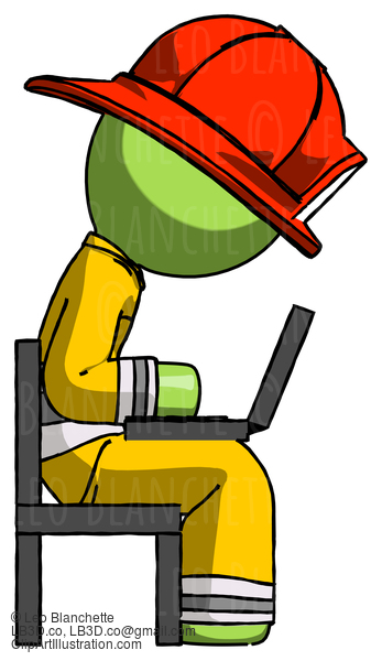 Green Firefighter Fireman Man Using Laptop Computer While Sitting In Chair View From Side #12917