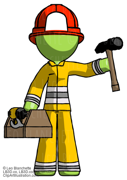 Green Firefighter Fireman Man Holding Tools And Toolchest Ready To Work #12919