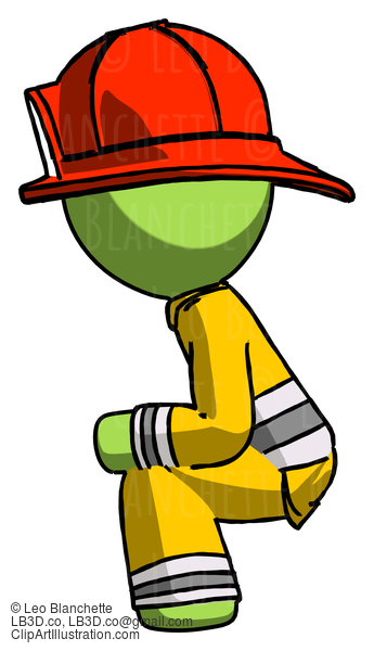 Green Firefighter Fireman Man Squatting Facing Left #12922