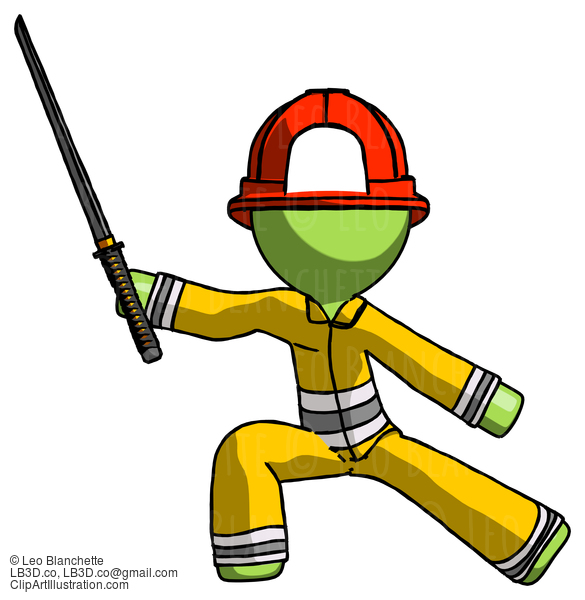 Green Firefighter Fireman Man With Ninja Sword Katana In Defense Pose #12924