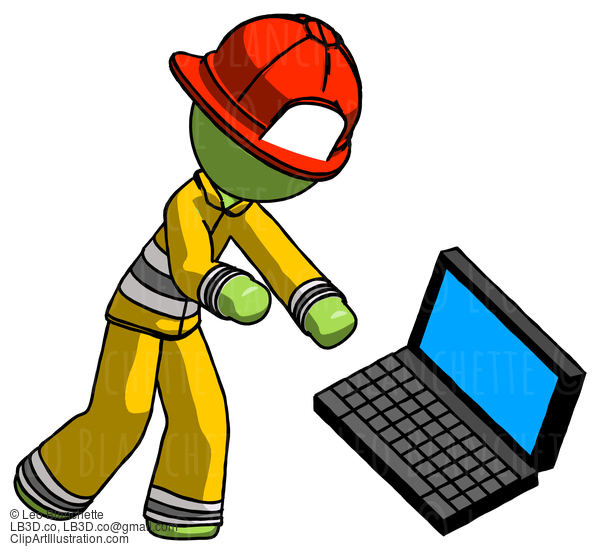 Green Firefighter Fireman Man Throwing Laptop Computer In Frustration #12927