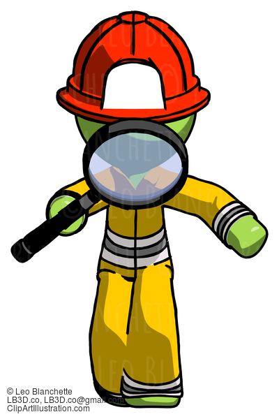 Green Firefighter Fireman Man Looking Down Through Magnifying Glass #12931