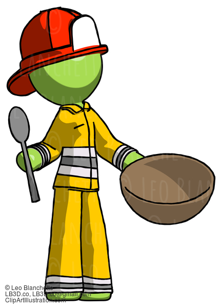 Green Firefighter Fireman Man With Empty Bowl And Spoon Ready To Make Something #12932