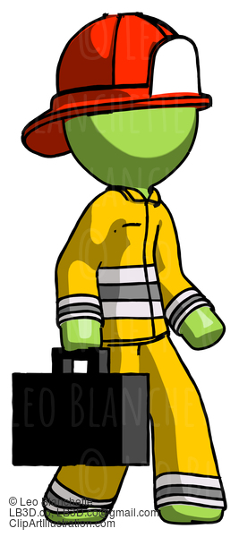 Green Firefighter Fireman Man Walking With Briefcase To The Right #12934