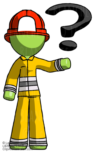 Green Firefighter Fireman Man Holding Question Mark To Right #12938