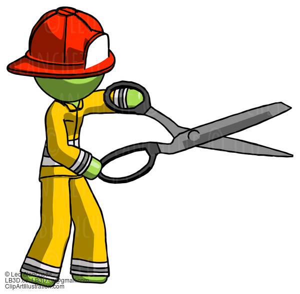 Green Firefighter Fireman Man Holding Giant Scissors Cutting Out Something #12939