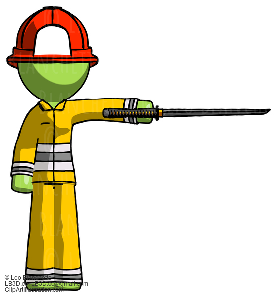 Green Firefighter Fireman Man Standing With Ninja Sword Katana Pointing Right #12943