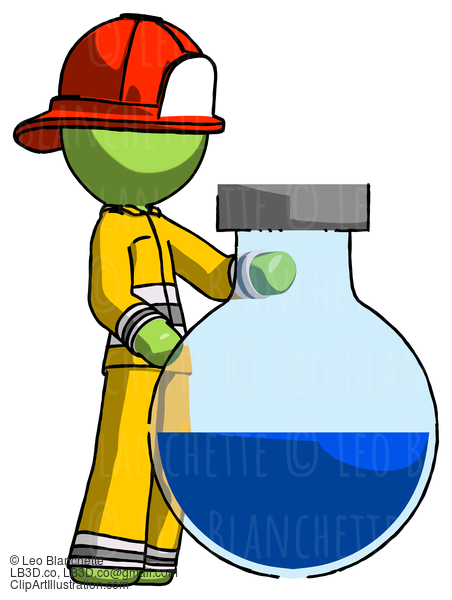 Green Firefighter Fireman Man Standing Beside Large Round Flask Or Beaker #12944