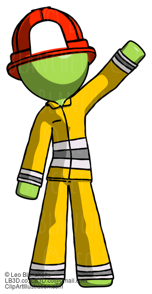 Green Firefighter Fireman Man Waving Emphatically With Left Arm #12945