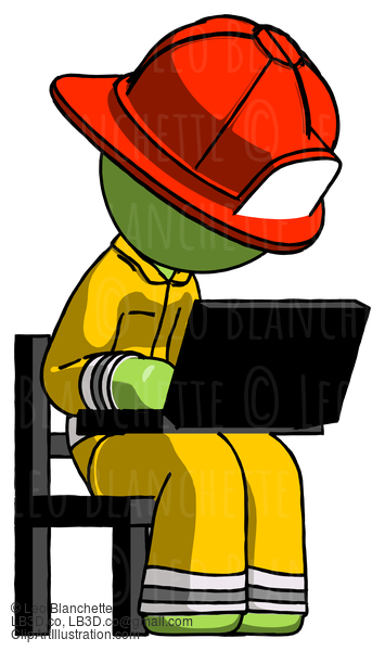 Green Firefighter Fireman Man Using Laptop Computer While Sitting In Chair Angled Right #12948