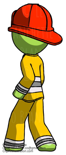 Green Firefighter Fireman Man Walking Away Direction Left View #12949