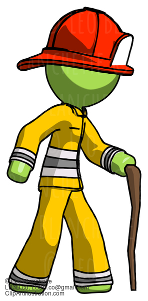 Green Firefighter Fireman Man Walking With Hiking Stick #12951